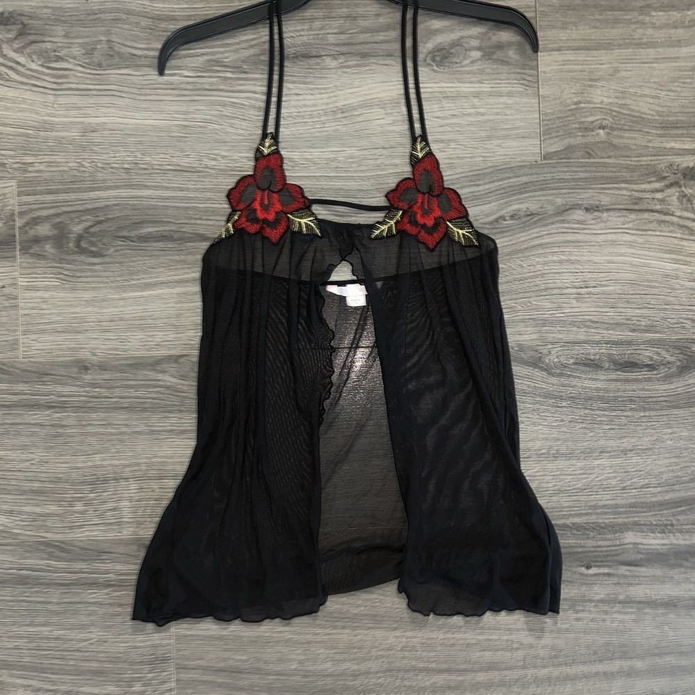 Victoria's Secret Babydoll Nightgown S Black Mesh Red Floral Embroidered Tie